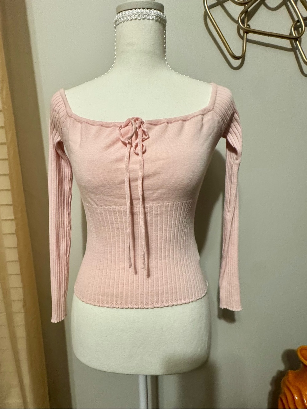 Forever 21 Pale Pink Off-the-Shoulder Ribbed Tie-Front Sweater